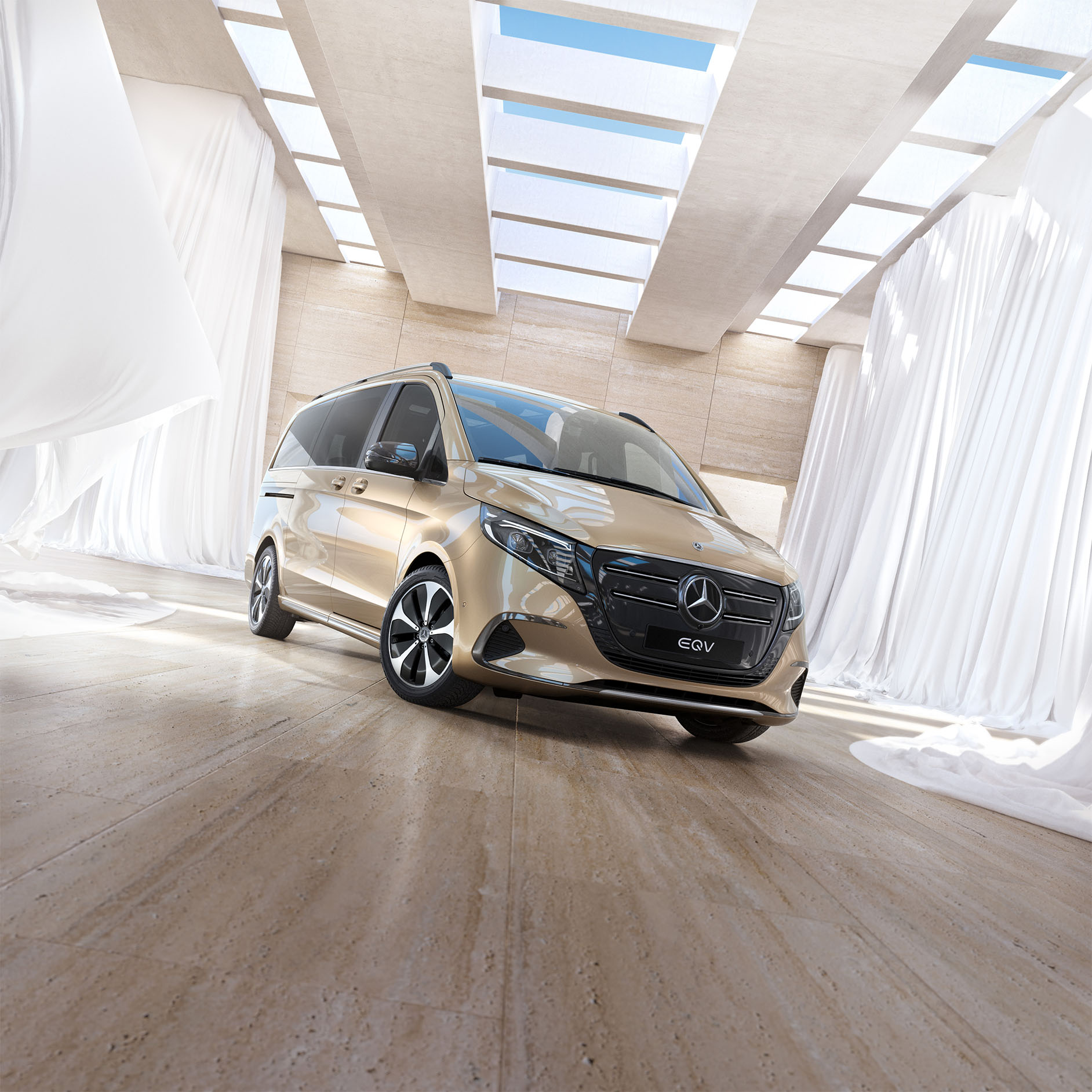 Mercedes-Benz MPV | Prislister Guldfarvet Mercedes-Benz EQV set skråt forfra