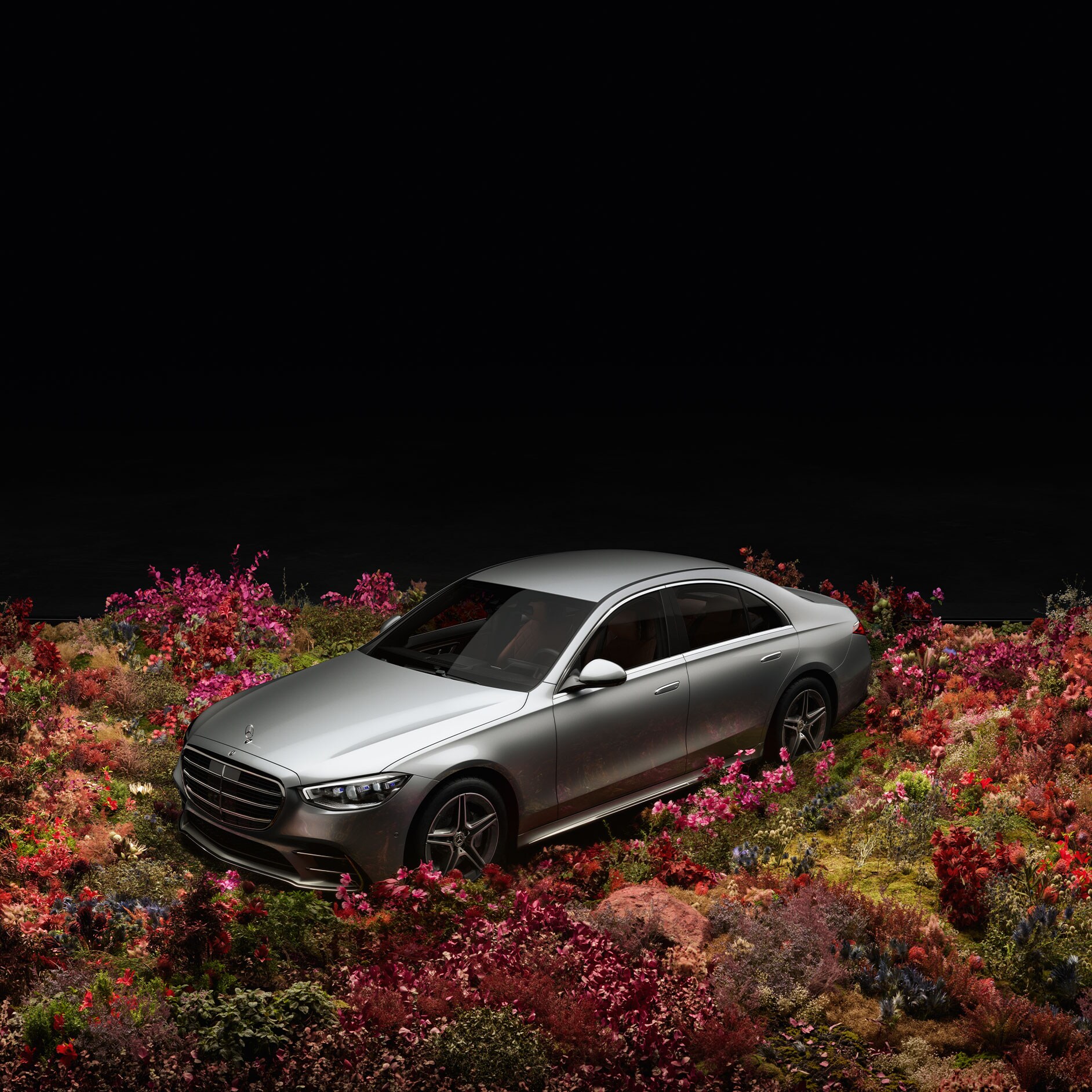 Teknologi, der betyder noget | Automatiseret kørsel og assistentsystemer | Mercedes-Benz Mercedes-Benz S-Klass i ett fält med blommor.