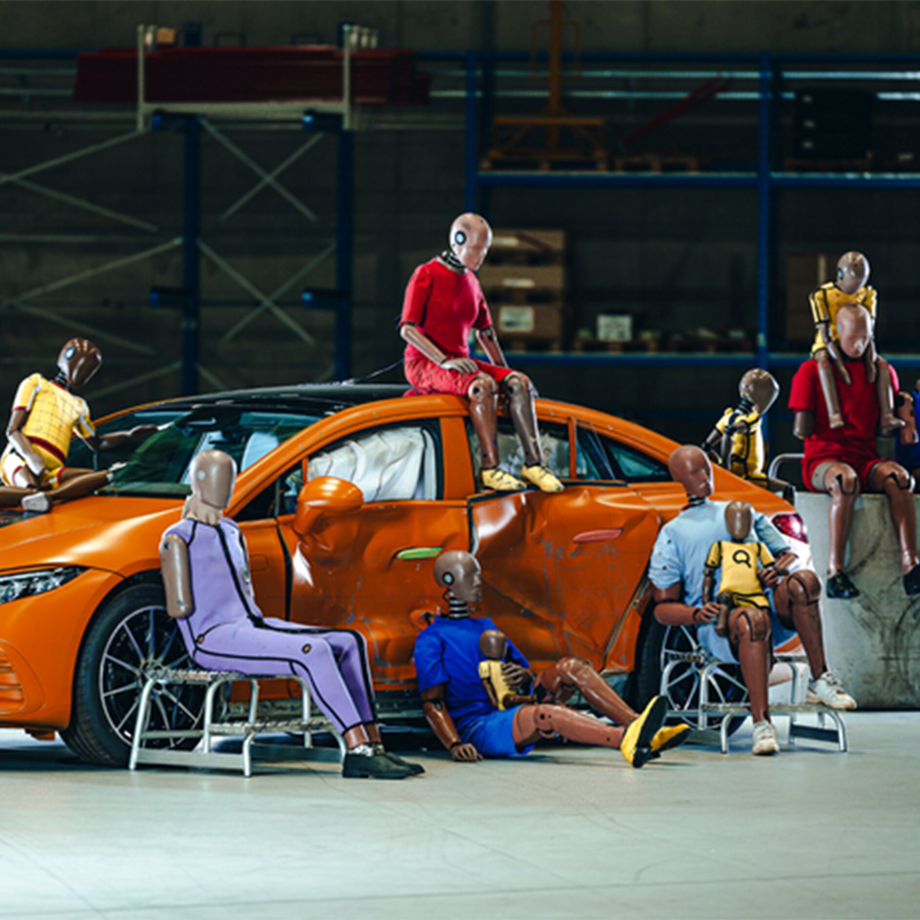 Crashtest-dukker | Sikkerhed | Mercedes-Benz Flere crashtest-dukker, der sidder på og omkring en Mercedes-Benz bil.