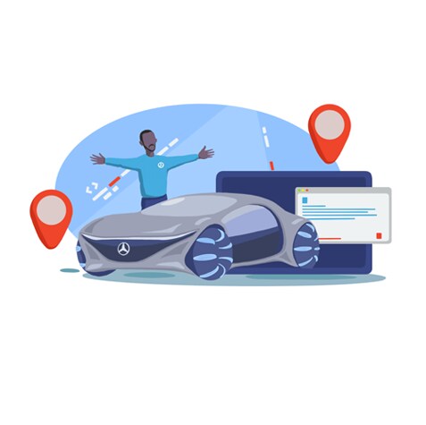 Databeskyttelsescenter | Mercedes-Benz Illustration af mand foran Mercedes-Benz bil med opdaterede funktioner